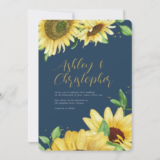 エレガント素朴Sunflower Navy Blue写真結婚ズ 招待状 (正面)