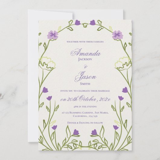 エレガント紫かわいらし青フローラフレ結婚ーム 招待状 (正面)