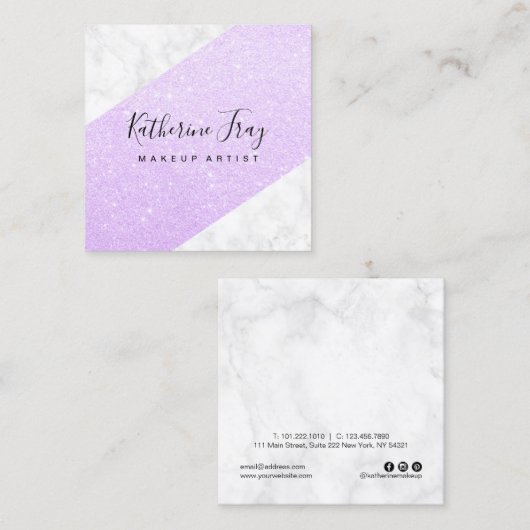 エレガント紫モダングリッター白大理石 スクエア名刺 (正面/裏面)