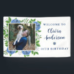 エレガント紫陽花カスタムパーティー写真40th Birthday 横断幕<br><div class="desc">あじさいエレガントの写真40thバースデーカスタムパーティーバナーは青いあじさいと緑の美しい水色である。写真をカスタマイズして文字を追加できる。</div>