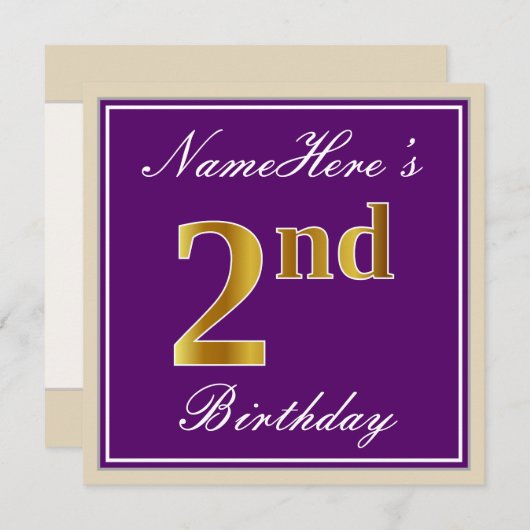 エレガント紫、フェイク金ゴールド2回目の誕生日+名前 招待状 (正面/裏面)
