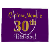 エレガント紫、フェイク金ゴールド30歳+名前 ラージペーパーバッグ (裏面)