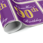 エレガント紫、フェイク金ゴールド90番目の誕生日+名前 ラッピングペーパー (ロールコーナー)