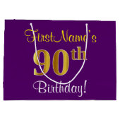 エレガント紫、フェイク金ゴールド90番目の誕生日+名前 ラージペーパーバッグ (裏面)