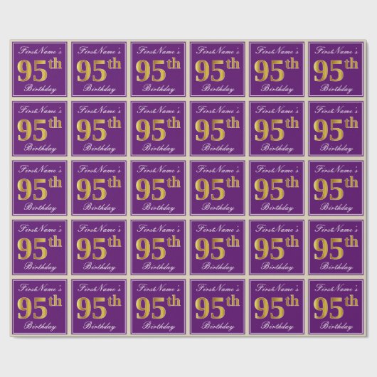 エレガント紫、フェイク金ゴールド95番目の誕生日+名前 ラッピングペーパー (フラット)