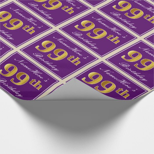 エレガント紫、フェイク金ゴールド99誕生日+名前 ラッピングペーパー (角)