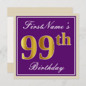 エレガント紫、フェイク金ゴールド99誕生日+名前 招待状 (正面/裏面)
