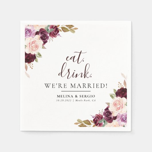 エレガント結婚した食べ花を飲め結婚る スタンダードカクテルナプキン (正面)