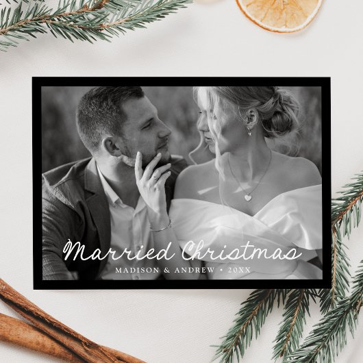 エレガント結婚したChristmas Script Black Photo シーズンカード