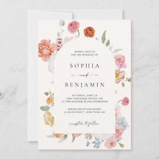 エレガント結婚カラフル春の花 招待状 (正面)