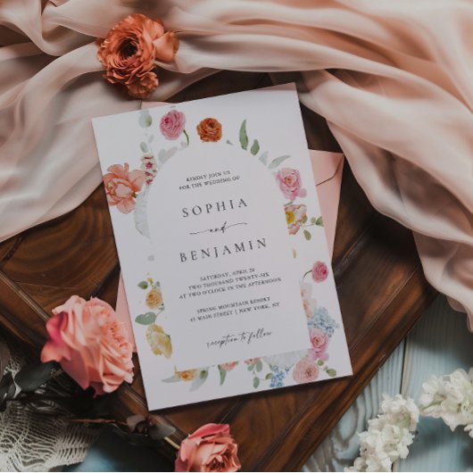 エレガント結婚カラフル春の花 招待状