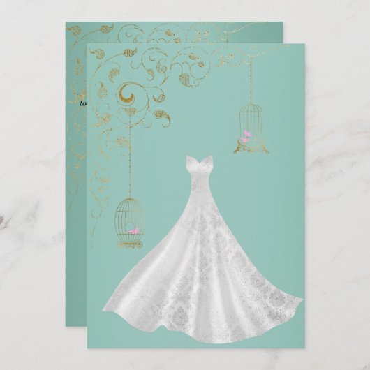 エレガント結婚シンプルのドレス緑 招待状 (正面/裏面)