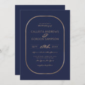 エレガント結婚シンプルネイビーブルー金ゴールドオ縁どバルズ 招待状 (正面/裏面)