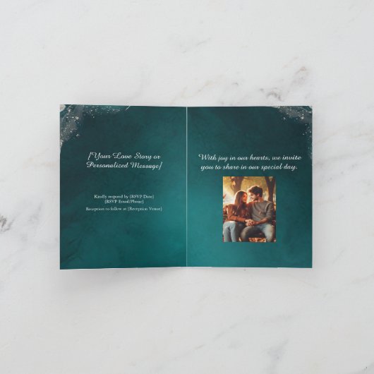 エレガント結婚ティール(緑がかった色) 招待状 (内部)