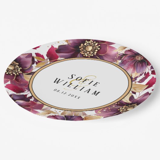 エレガント結婚フローラ名の日付 ペーパープレート (アングル)