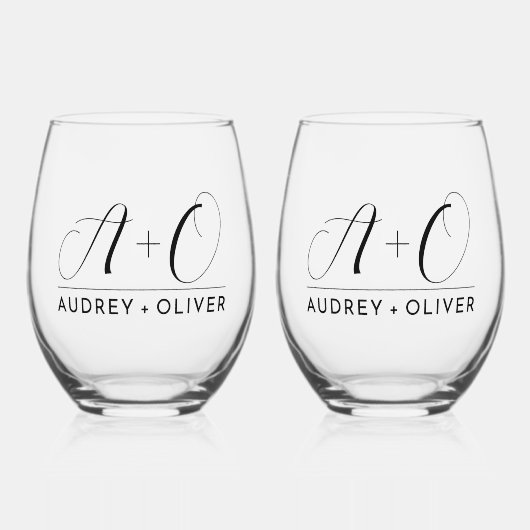 エレガント結婚モダンモノグラム ステムなしワイングラス (正面)