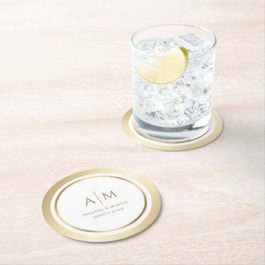 エレガント結婚モノグラムの金ゴールド紙 ラウンドペーパーコースター (インサイチュ)