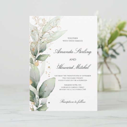 エレガント結婚金ゴールド離れユーカリ 招待状 (スタンド正面)