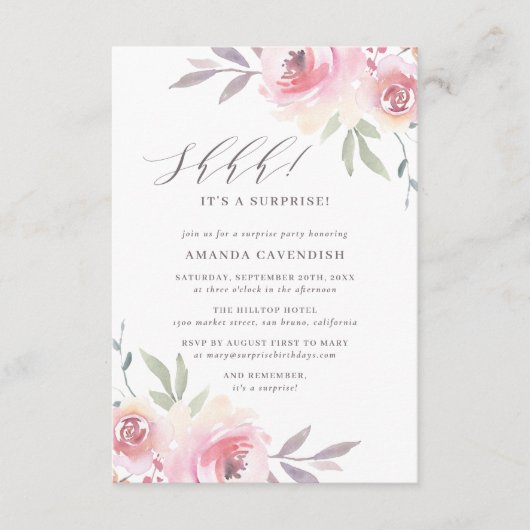 エレガント絵を描フローラサプライズ誕生日パーティー 案内状 (正面)