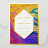 エレガント絵画カラフル抽象芸術結婚金ゴールド 箔招待状 (正面)