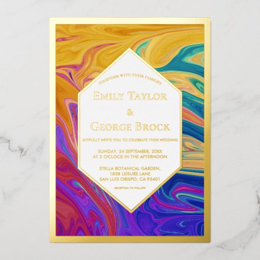 エレガント絵画カラフル抽象芸術結婚金ゴールド 箔招待状 (正面)