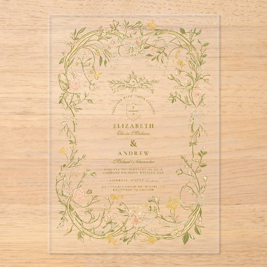 エレガント緑と赤面のフローラフレ結婚ーム アクリル招待状 (正面)