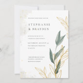 エレガント緑と金ゴールド離れ水の色結婚の 招待状 (正面)