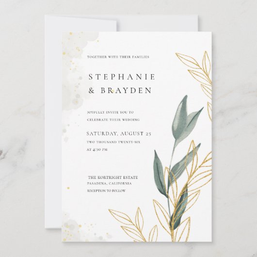 エレガント緑と金ゴールド離れ水の色結婚の 招待状 (正面)