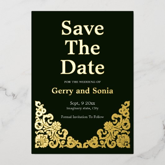 エレガント緑と金ゴールド 箔招待状 (正面)