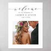 エレガント緑のスクリプ結婚ト写真の歓迎サイン ポスター (正面)