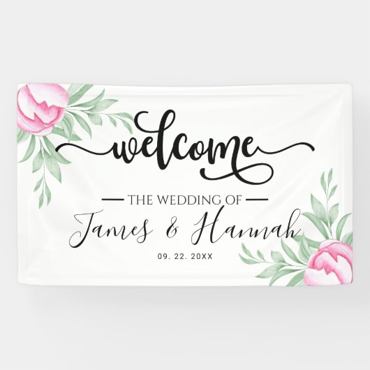 エレガント緑のバラミニマル金ゴールド結婚式 横断幕 (横)