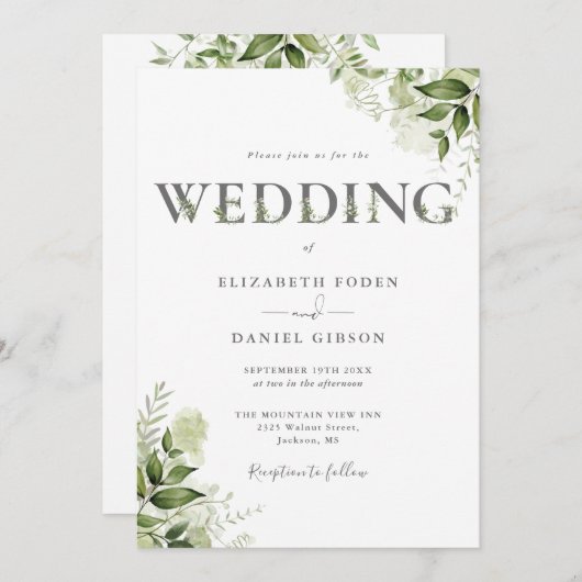 エレガント緑のフローラタイポグラフィ結婚ズ 招待状 (正面/裏面)