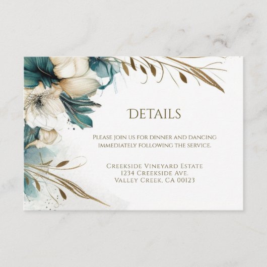 エレガント緑のフローラティール（緑がかった色）結婚金ゴールド エンクロージャーカード (正面)