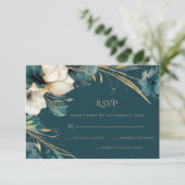 エレガント緑のフローラティール(緑がかった色)結婚金ゴールド 出欠カード (スタンド正面)