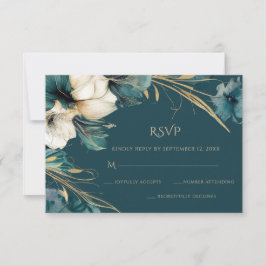 エレガント緑のフローラティール（緑がかった色）結婚金ゴールド 出欠カード