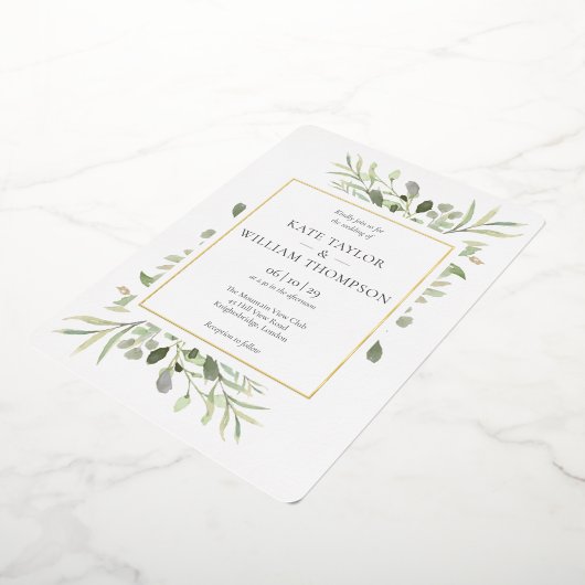 エレガント緑のフローラ結婚金ゴールド 箔招待状 (回転した状態)