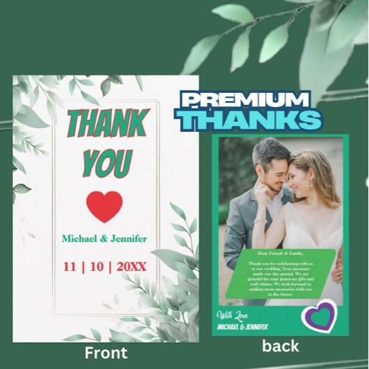 エレガント緑のミニマカスタムリスト写真結婚 サンキューカード