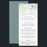 エレガント緑のユーカリ結婚プス メニュー<br><div class="desc">ユーカリのグリッターと青とフェイク金ゴールドの斑点のヒントと緑の葉を使用したエレガントな結婚式のメニューは、パステルウォーターの色の洗剤の上に。詳細はダークグリーンで、コースヘッダーはスクリプトに含まれている。裏面は青緑色のマッチングシェード。このシンプル素朴なデザインは夏素晴らしの植物的なテーマ結婚の為である。</div>