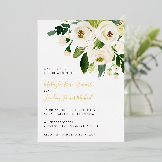 エレガント緑の白フローラ結婚の金ゴールド 箔招待状 (立ち正面)