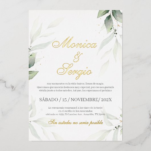 エレガント緑の結婚式招待状スペインの 箔招待状 (正面)