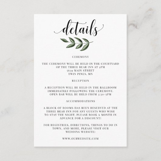 エレガント緑の結婚詳細招待状挿入 エンクロージャーカード (正面)