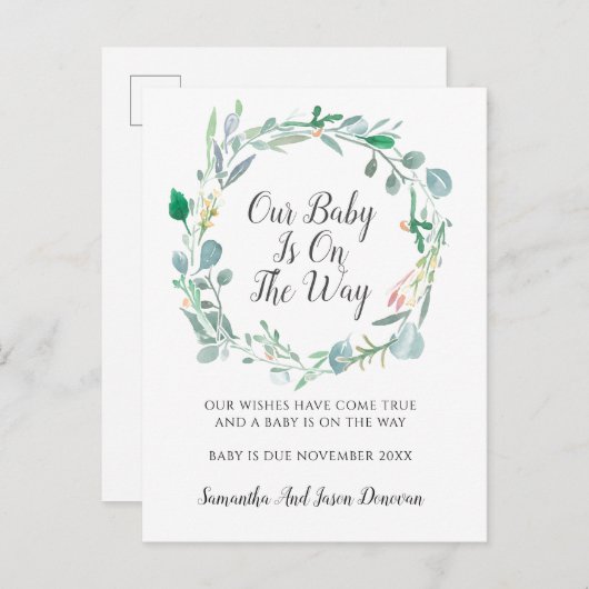 エレガント緑の芽の水色フローラ妊娠 案内ポストカード (正面/裏面)