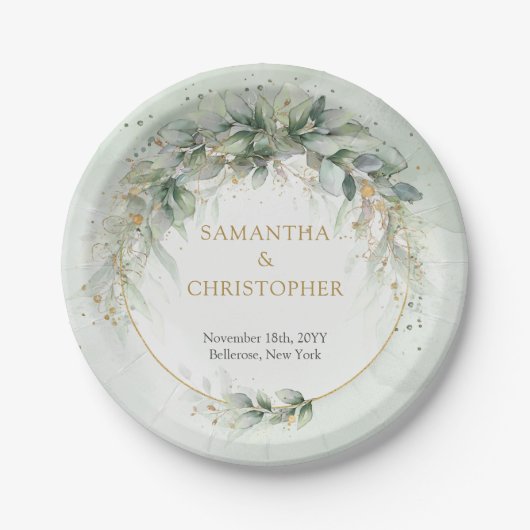 エレガント緑の葉フェイク金ゴールド紙プレート ペーパープレート (正面)