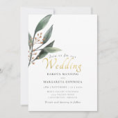 エレガント緑の葉金ゴールドスクリプ結婚ト 招待状 (正面)