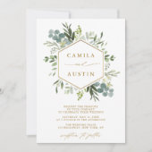 エレガント緑の金ゴールドスクリプ結婚ト六角形 招待状 (正面)