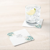 エレガント緑の金ゴールドパーソナライズされたリーフ結婚 スクエアペーパーコースター (インサイチュ)