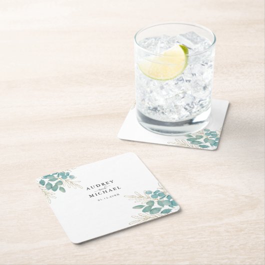エレガント緑の金ゴールドパーソナライズされたリーフ結婚 スクエアペーパーコースター (インサイチュ)