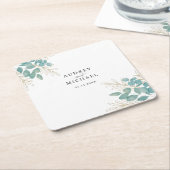 エレガント緑の金ゴールドパーソナライズされたリーフ結婚 スクエアペーパーコースター (アングル)