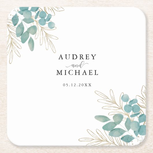 エレガント緑の金ゴールドパーソナライズされたリーフ結婚 スクエアペーパーコースター (正面)