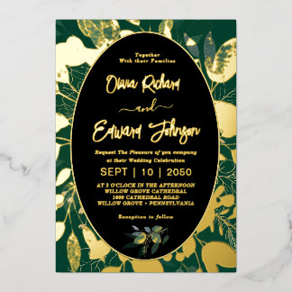 エレガント緑の金ゴールド幾何学的フレ葉ーム 箔招待状